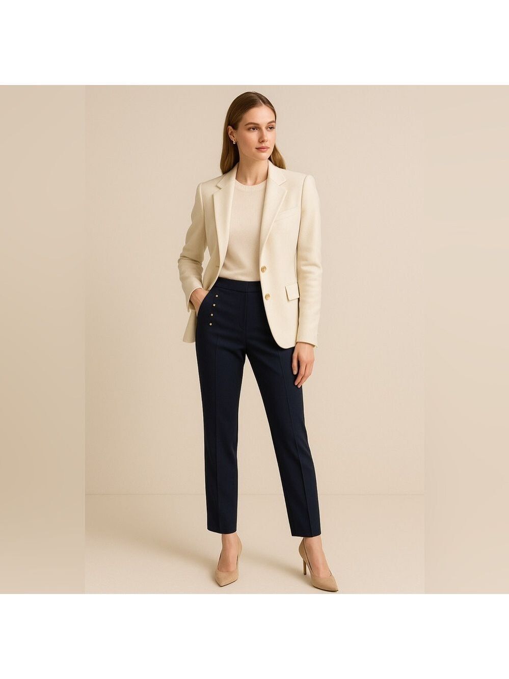 Larry Levine Navy Slim Pants Studded Front Detail Side Zip Faux Pockets Size